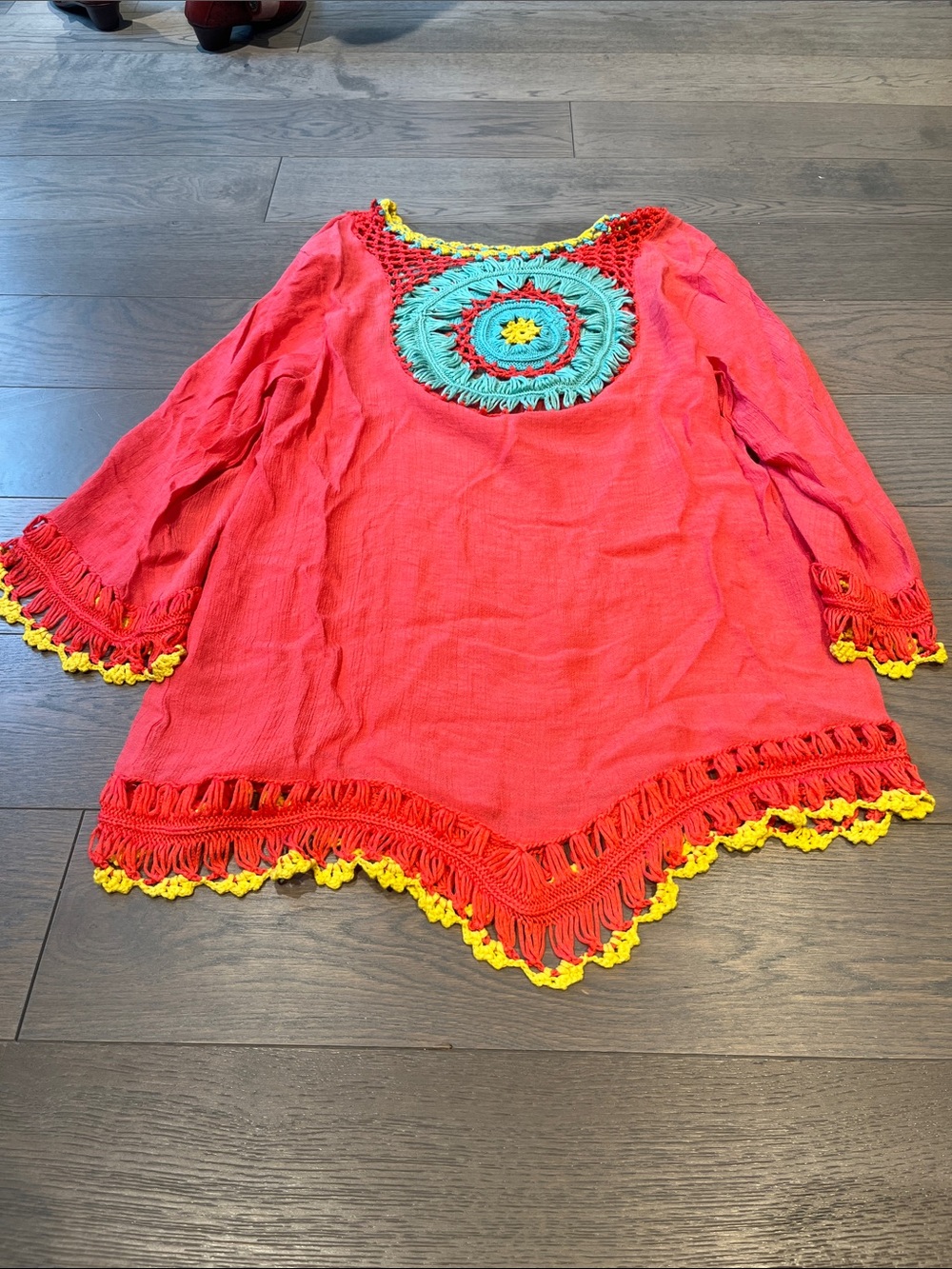 Women’s Coral Crochet-Trim Peasant Top with Turquoise Medallion